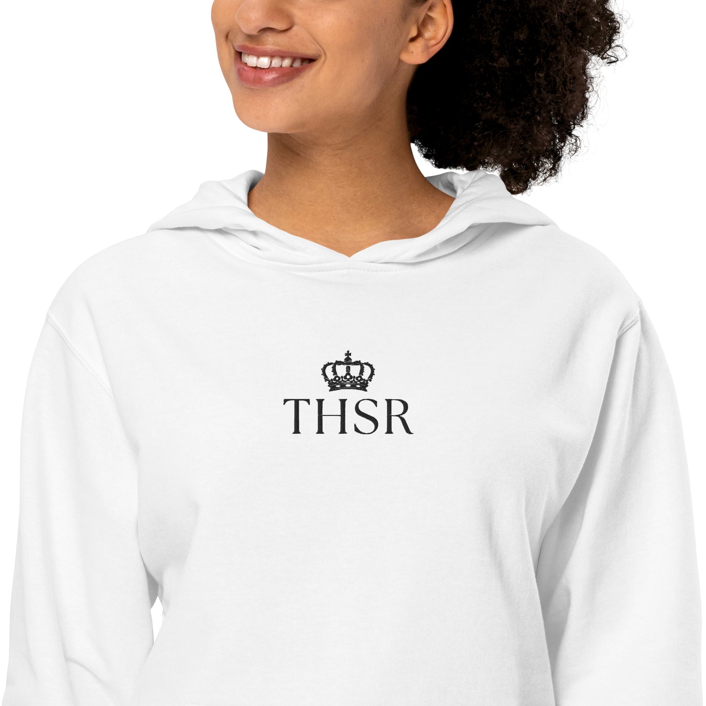 THSR Adult Pullover Hoodie with Center-Chest Logo – White Pullover Hoodies Featuring Black "THSR" under a crown Design for Adults