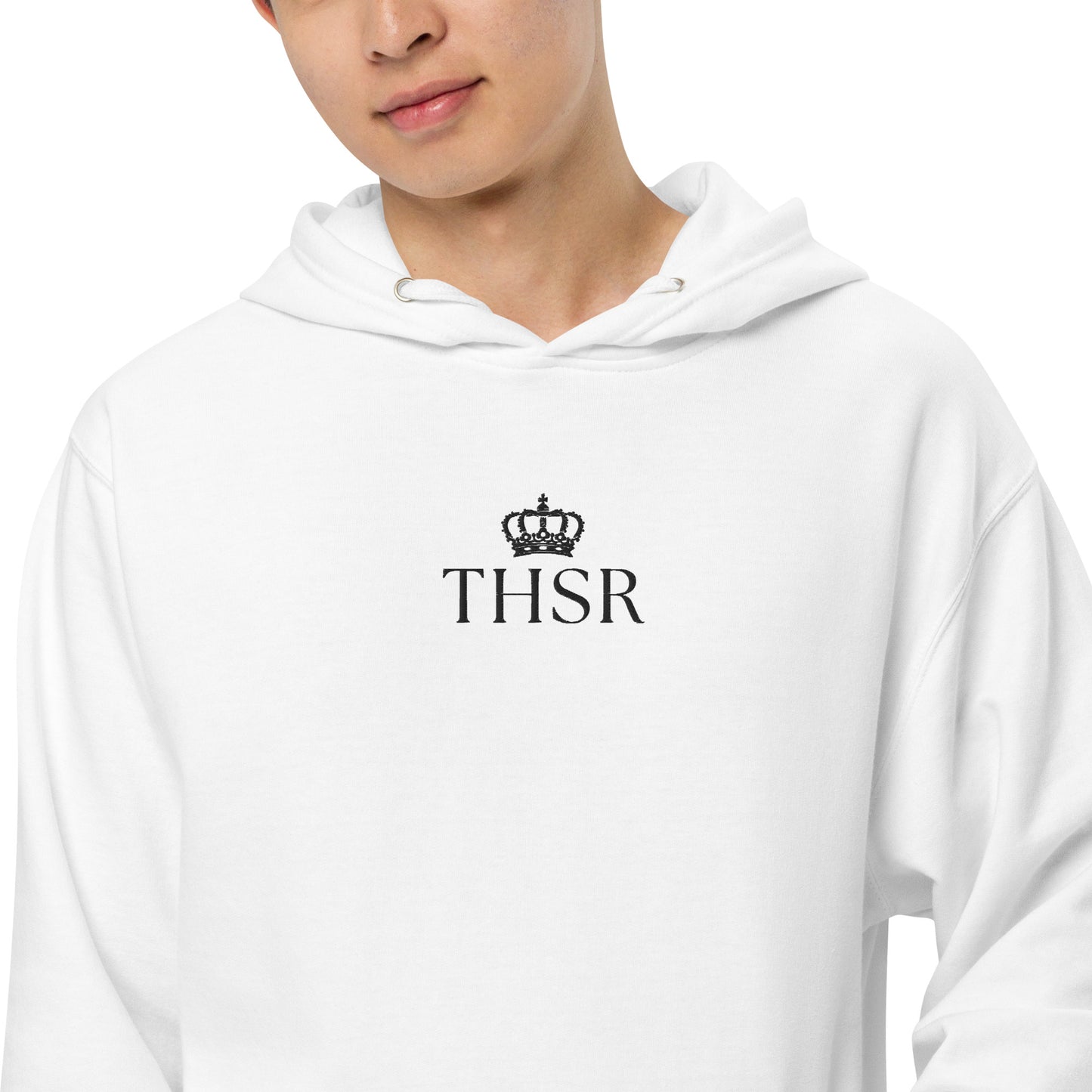 THSR Adult Pullover Hoodie with Center-Chest Logo – White Pullover Hoodies Featuring Black "THSR" under a crown Design for Adults