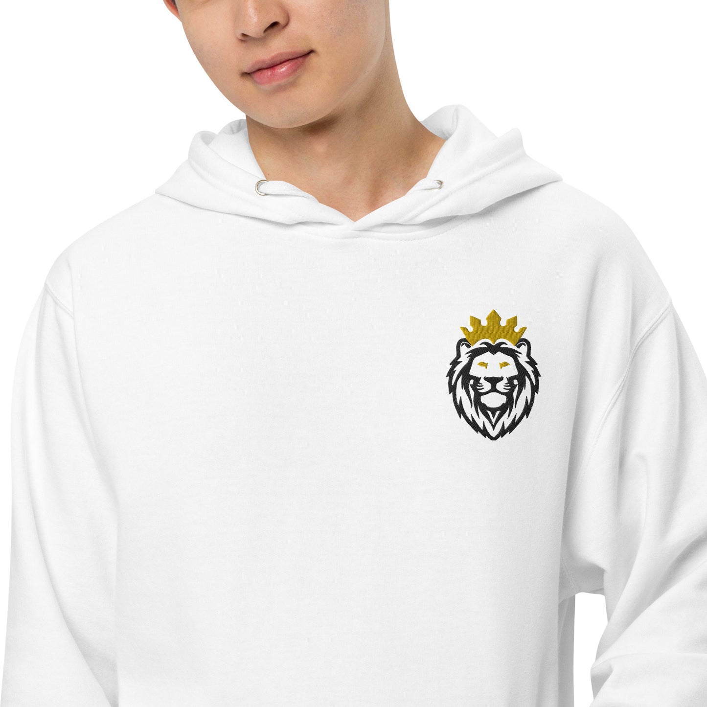 THSR Adult Pullover Hoodie with Left-Chest Logo – White Pullover Hoodies Featuring Black & Gold THSR KING Lion wearing a crown Design for Adults