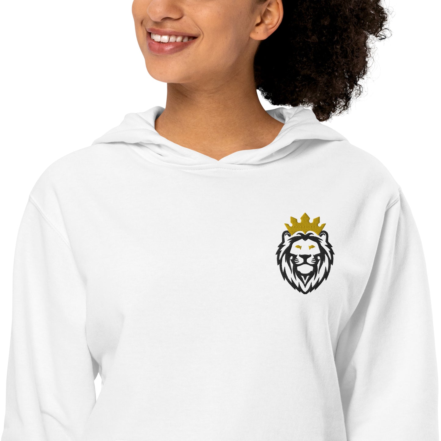 THSR Adult Pullover Hoodie with Left-Chest Logo – White Pullover Hoodies Featuring Black & Gold THSR KING Lion wearing a crown Design for Adults