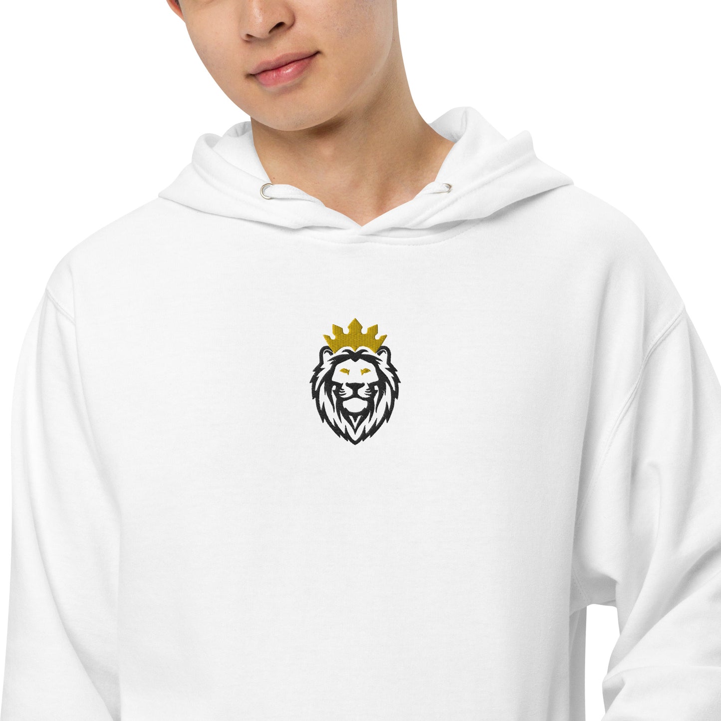 THSR Adult Pullover Hoodie with Center-Chest Logo – White Pullover Hoodies Featuring Black & Gold THSR KING Lion wearing a crown Design for Adults