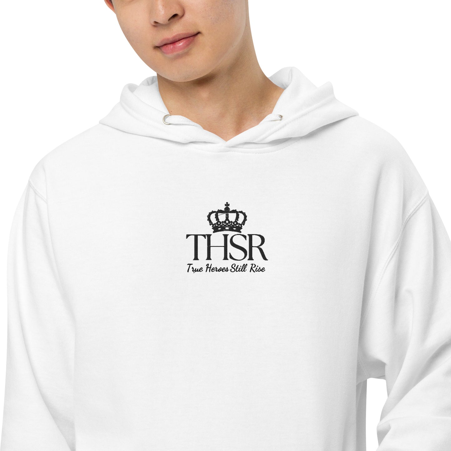 THSR Adult Pullover Hoodie with Center-Chest Logo – White Pullover Hoodies Featuring Black "THSR True Heroes Still Rise" under a crown Design for Adults