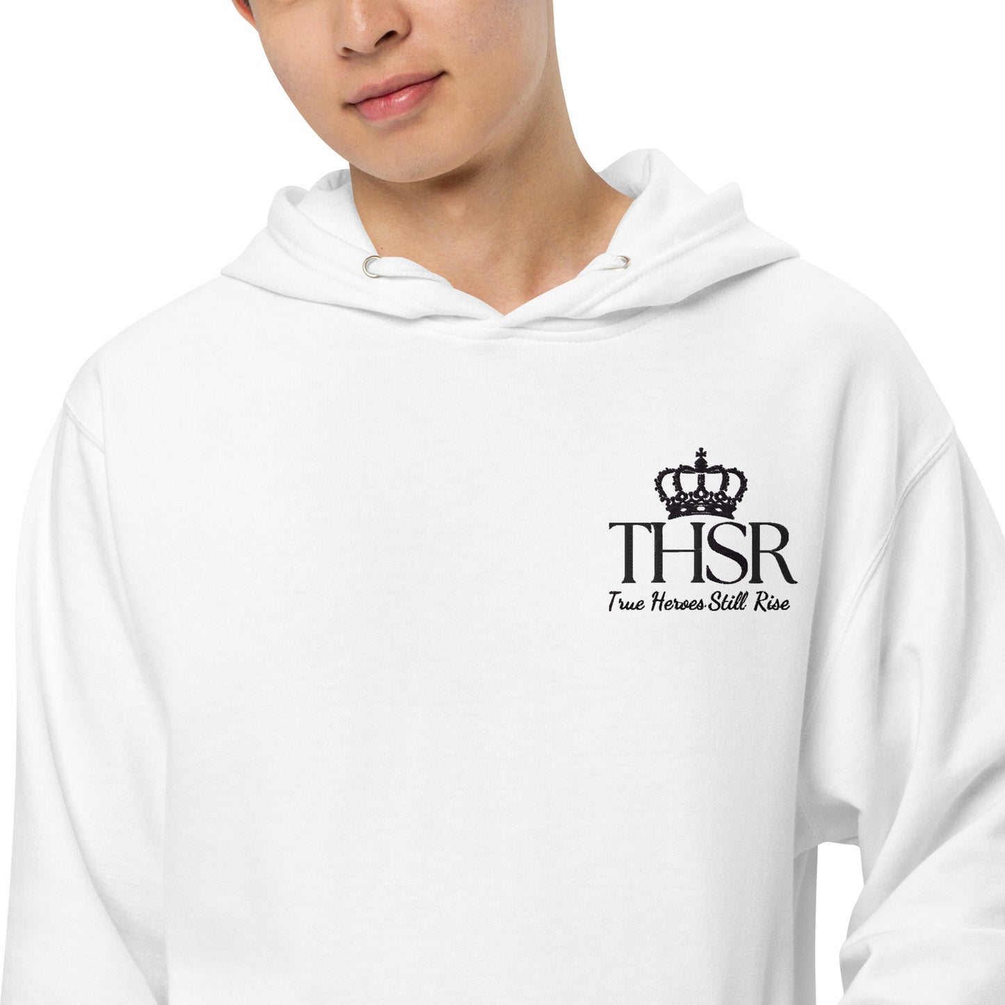 THSR Adult Pullover Hoodie with Left-Chest Logo – White Pullover Hoodies Featuring Black "THSR True Heroes Still Rise" under a crown Design for Adults