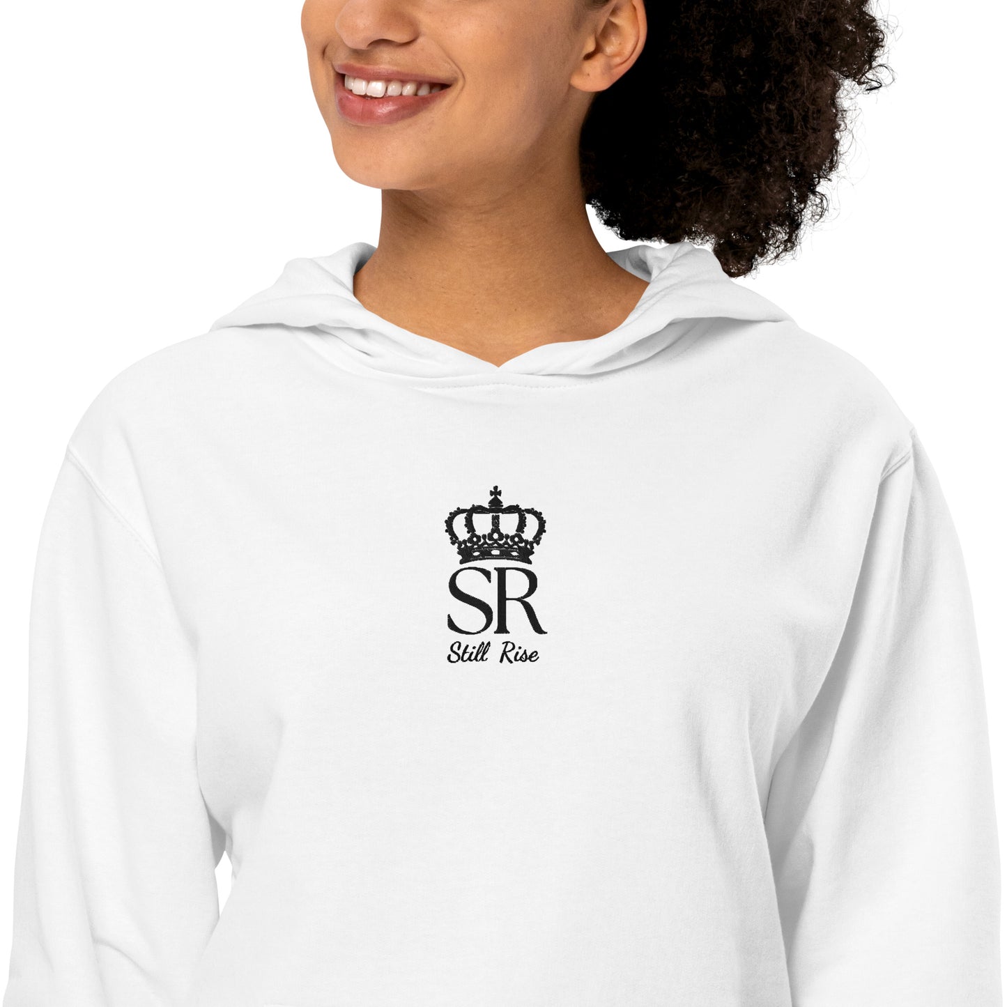 THSR Adult Pullover Hoodie with Center-Chest Logo – White Pullover Hoodies Featuring Black THSR "SR Still Rise" under a crown Design for Adults