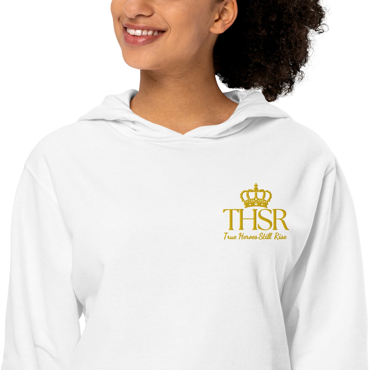 THSR Adult Pullover Hoodie with Left-Chest Logo – Black or White Pullover Hoodies Featuring Gold "THSR True Heroes Still Rise" under a crown Design for Adults