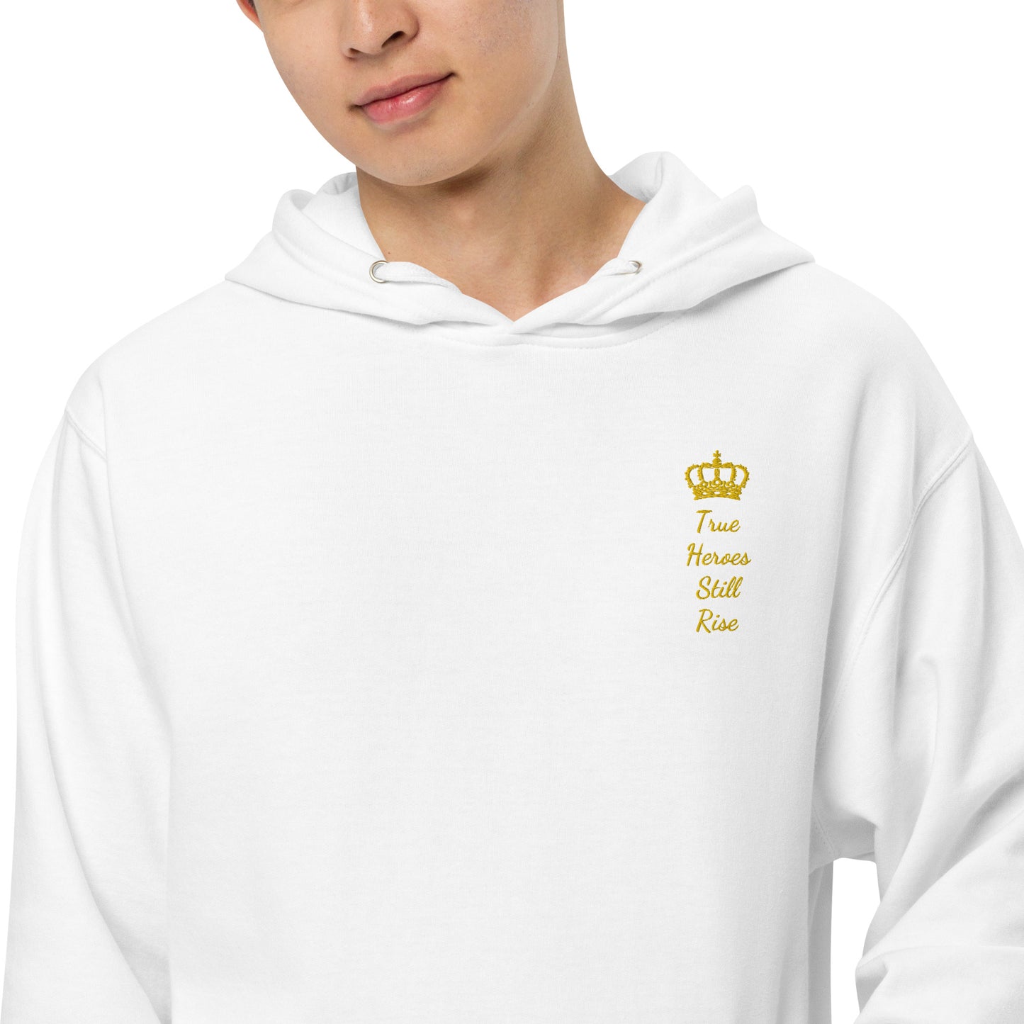 THSR Adult Pullover Hoodie with Left-Chest Logo – Black or White Pullover Hoodies Featuring Gold "True Heroes Still Rise" under a crown Design for Adults