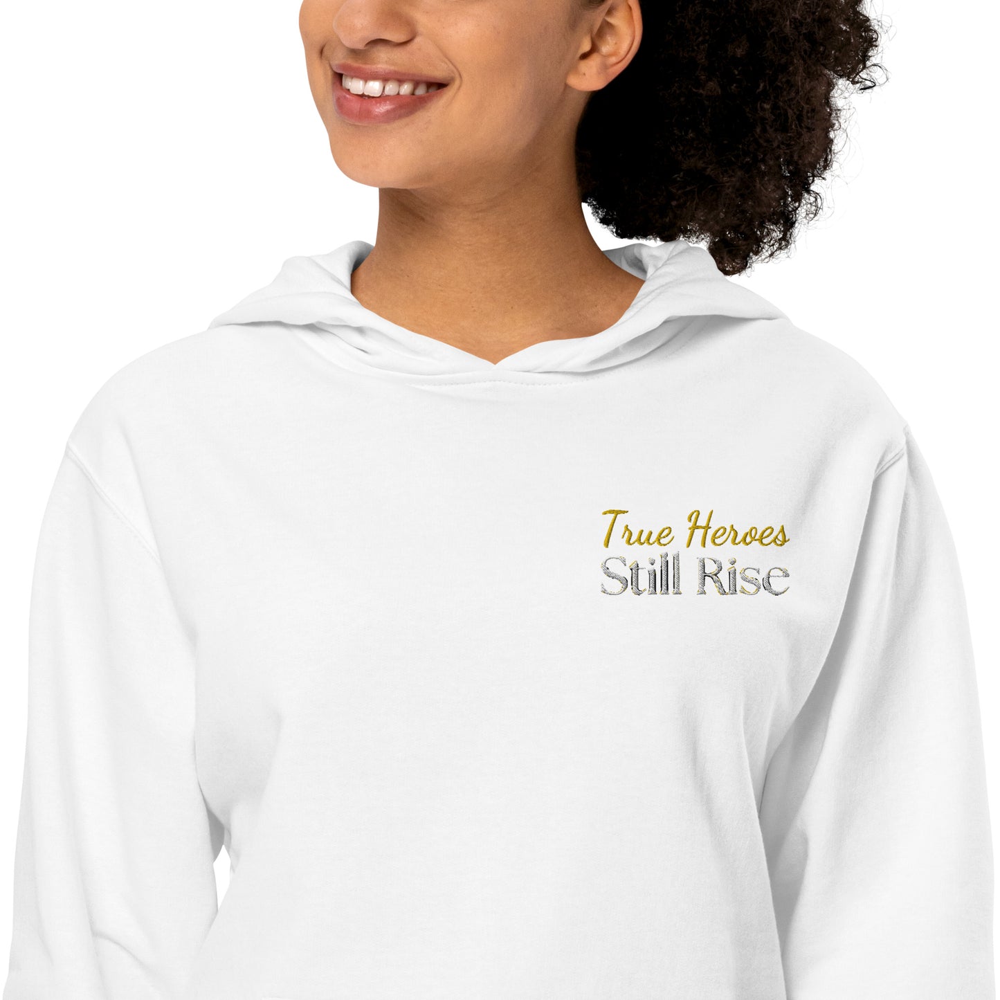 THSR Adult Pullover Hoodie with Left-Chest Logo –White Pullover Hoodies Featuring Bold Gold "True Heroes Still Rise" Design for Adults