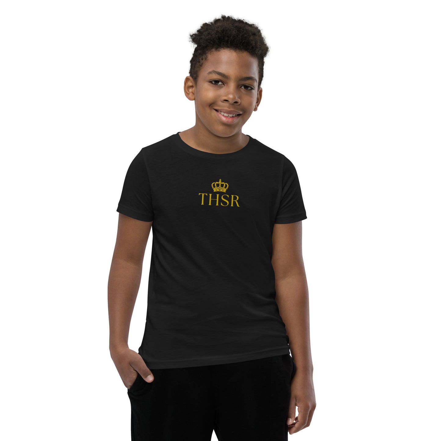 THSR Youth T-Shirt with Center-Chest Logo – T-shirt Featuring Gold "THSR" under a crown Design for Kids