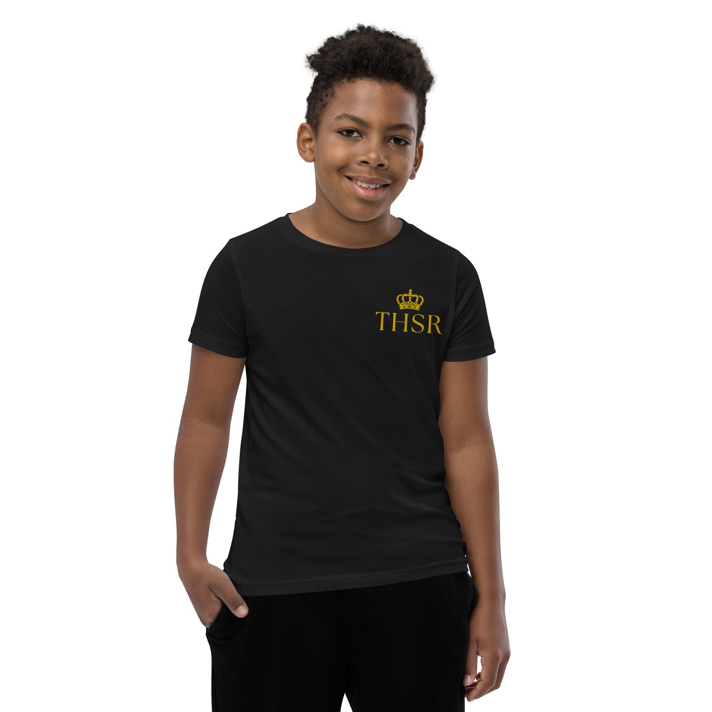 THSR Youth T-Shirt with Left-Chest Logo – T-shirt Featuring Gold "THSR" under a crown Design for Kids