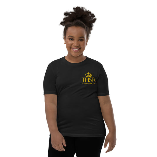 THSR Youth T-Shirt with Left-Chest Logo – T-shirt Featuring Gold "THSR True Heroes Still Rise" under a crown Design for Kids