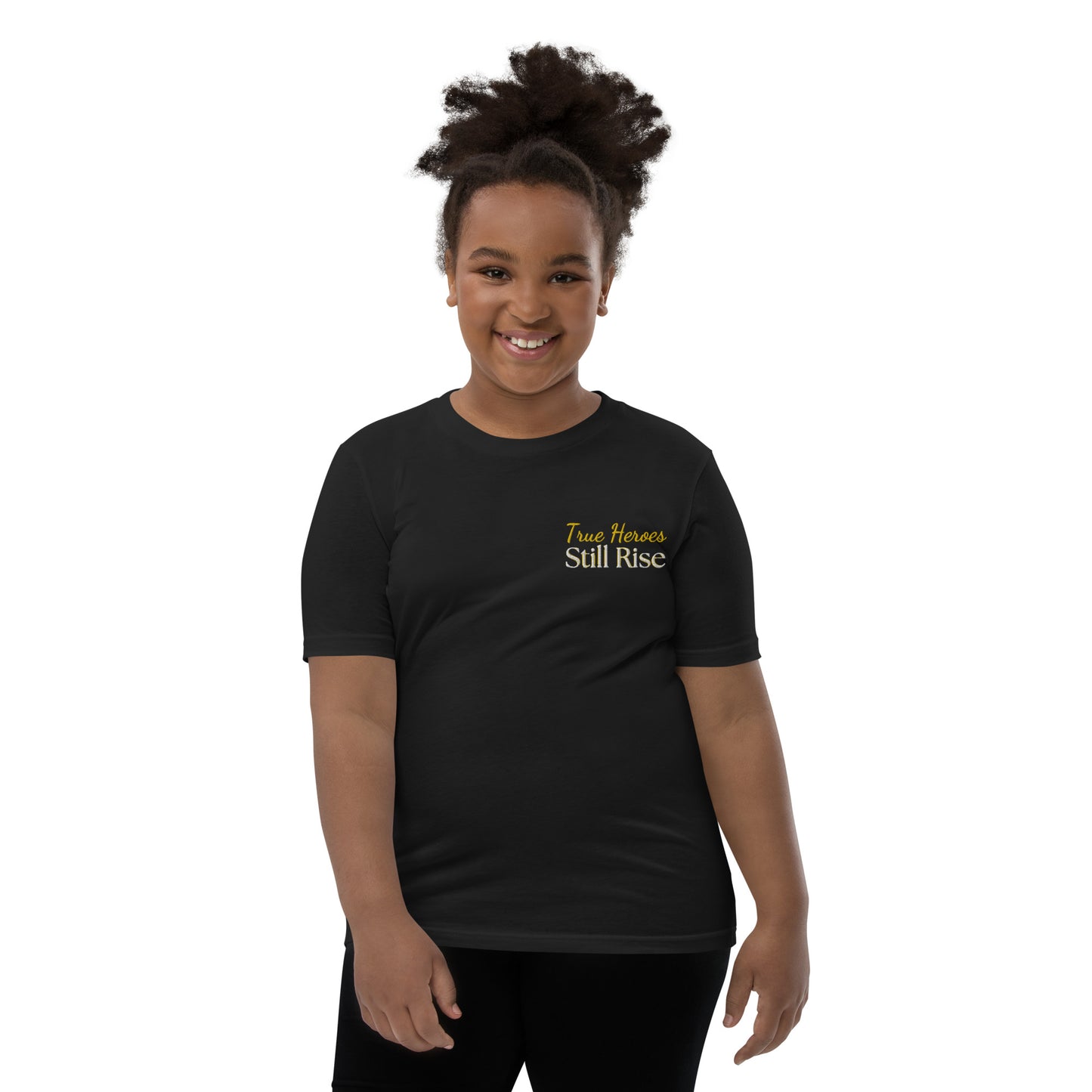 THSR Youth T-Shirt with Left-Chest Logo – Black or White T-shirt Featuring Bold Gold "True Heroes Still Rise" Design for Kids