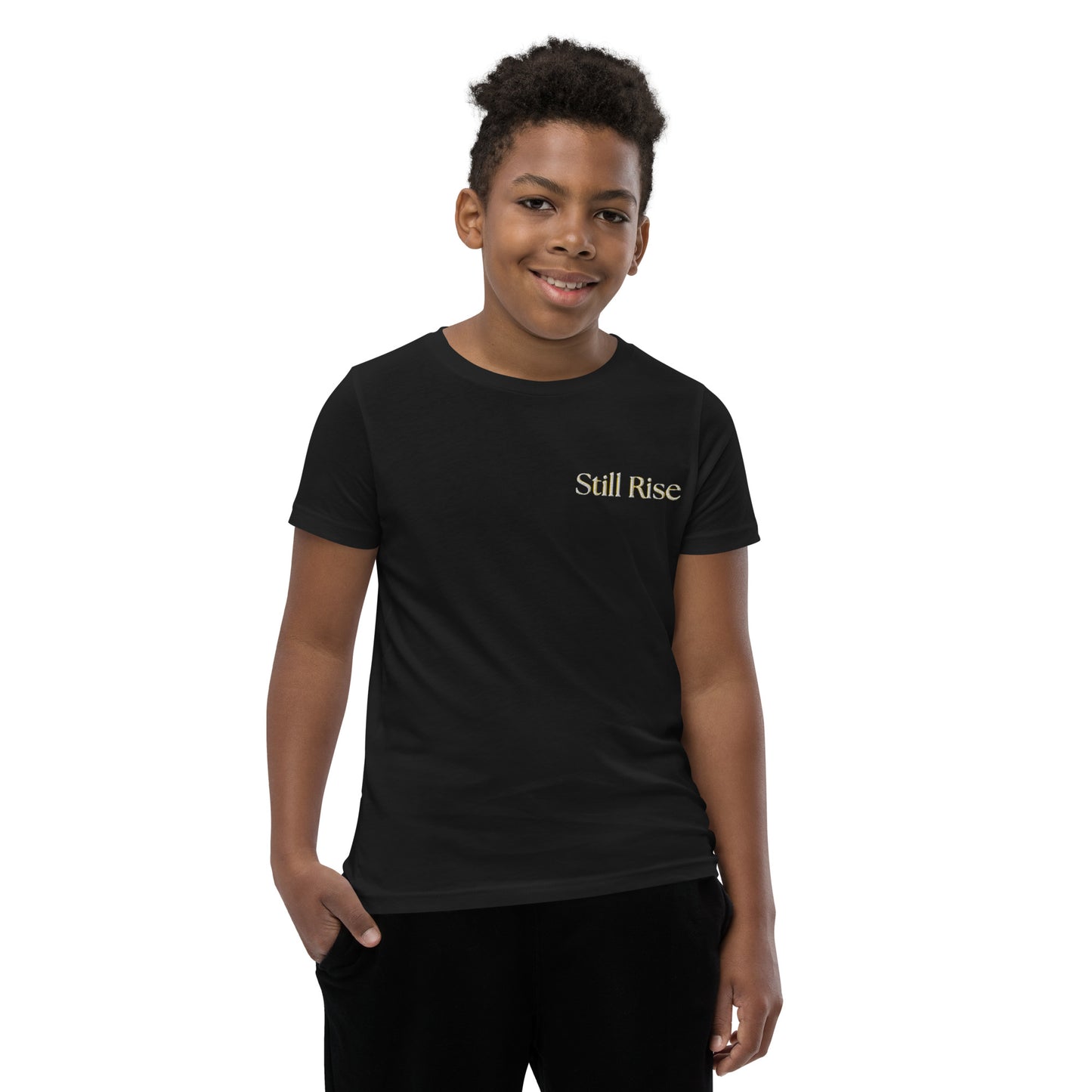 THSR Youth T-Shirt with Left-Chest Logo – Black or White T-shirt Featuring Bold Gold "Still Rise" Design for Kids