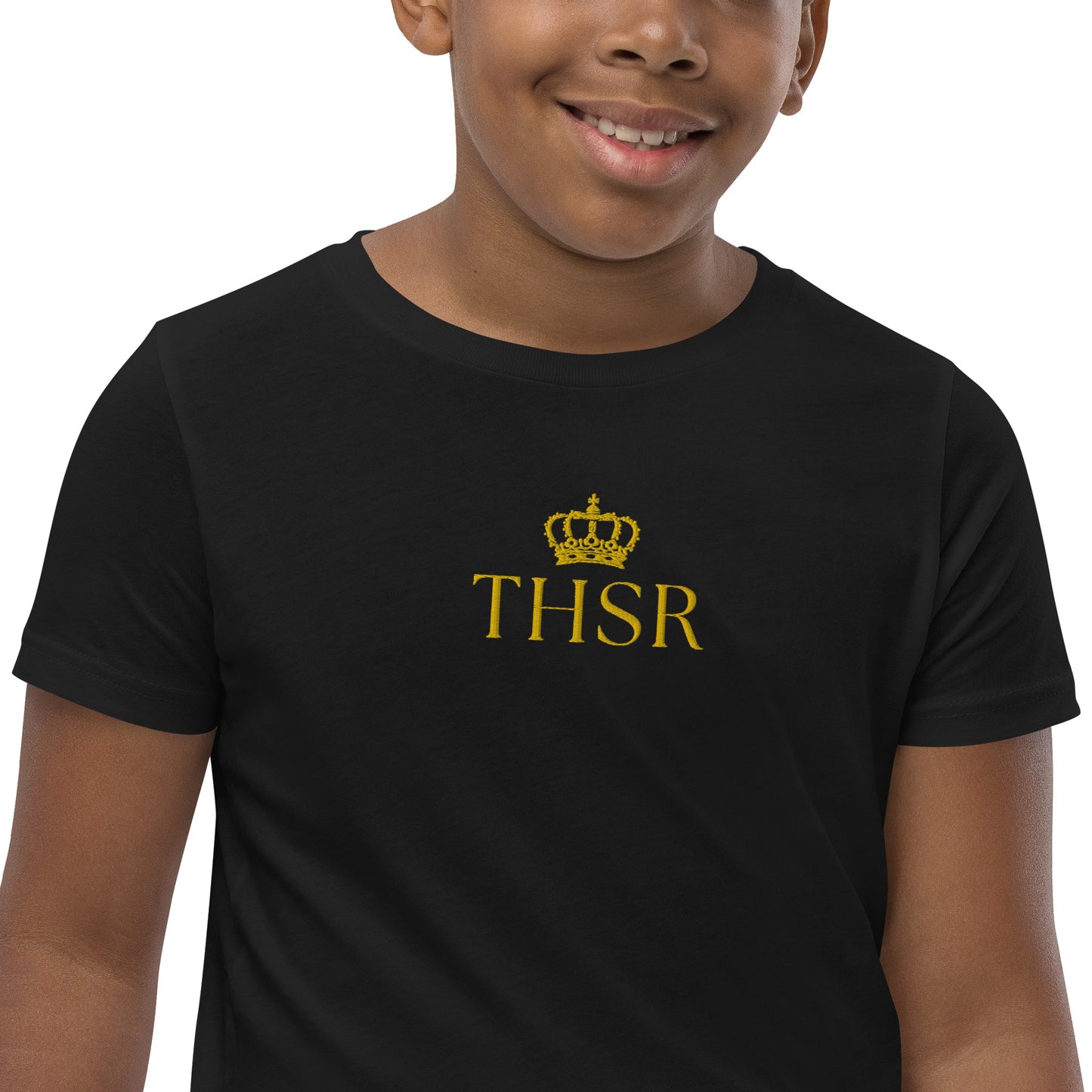 THSR Youth T-Shirt with Center-Chest Logo – T-shirt Featuring Gold "THSR" under a crown Design for Kids