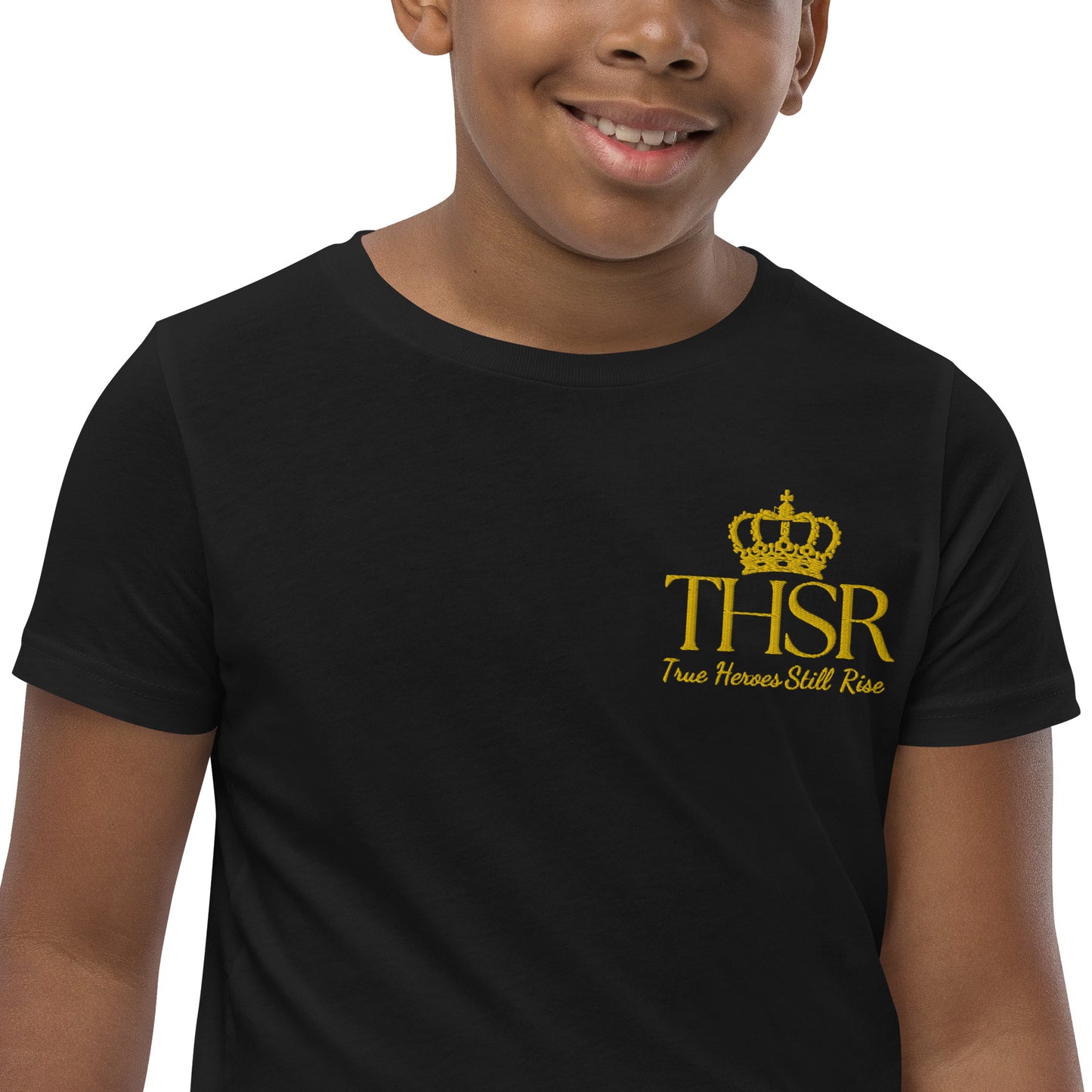 THSR Youth T-Shirt with Left-Chest Logo – T-shirt Featuring Gold "THSR True Heroes Still Rise" under a crown Design for Kids