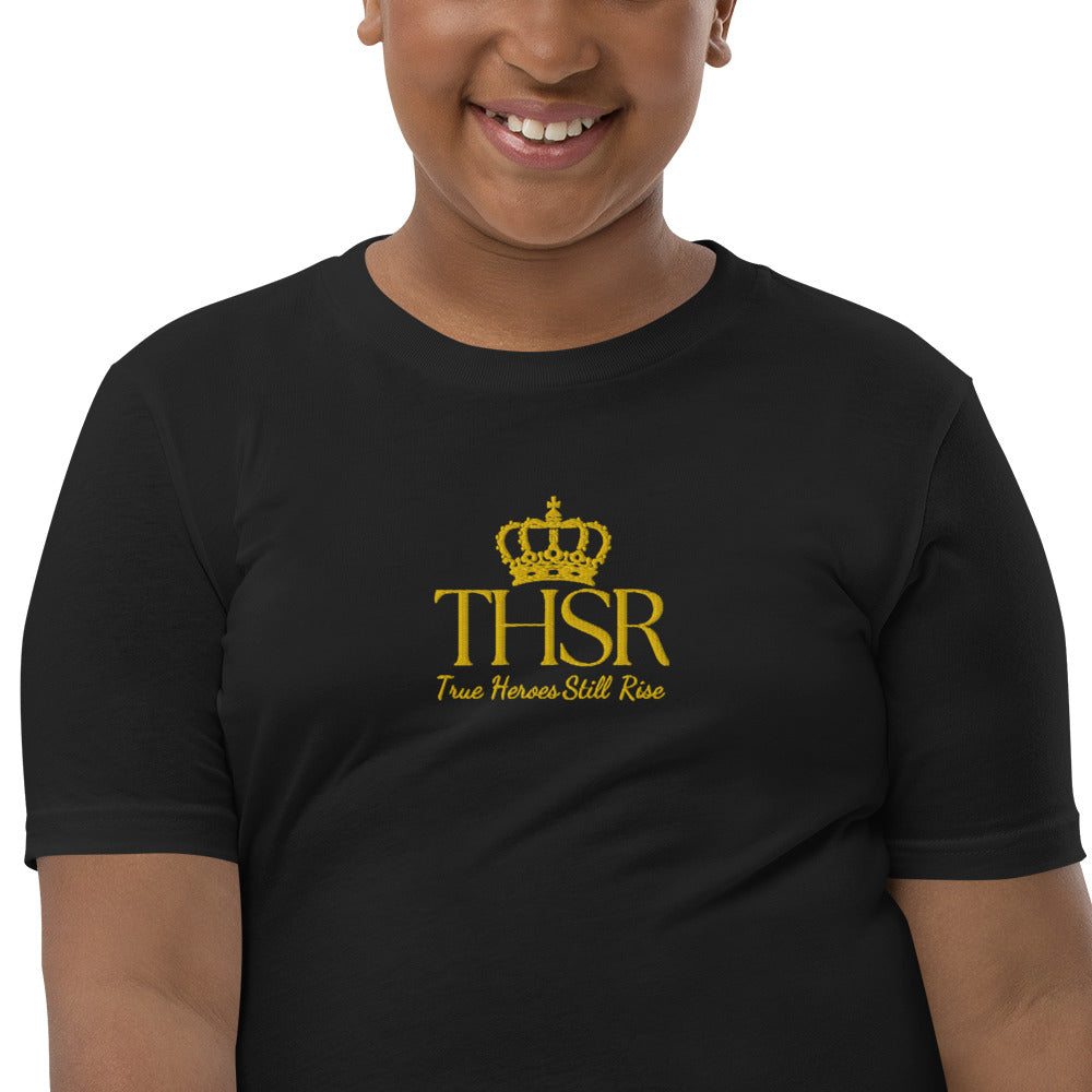 THSR Youth T-Shirt with Center-Chest Logo – T-shirt Featuring Gold "THSR True Heroes Still Rise" under a crown Design for Kids