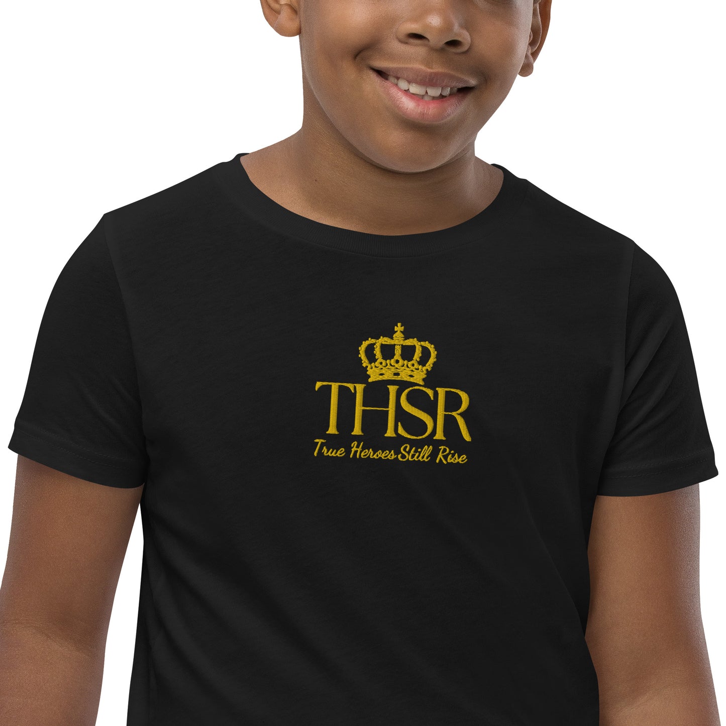 THSR Youth T-Shirt with Center-Chest Logo – T-shirt Featuring Gold "THSR True Heroes Still Rise" under a crown Design for Kids