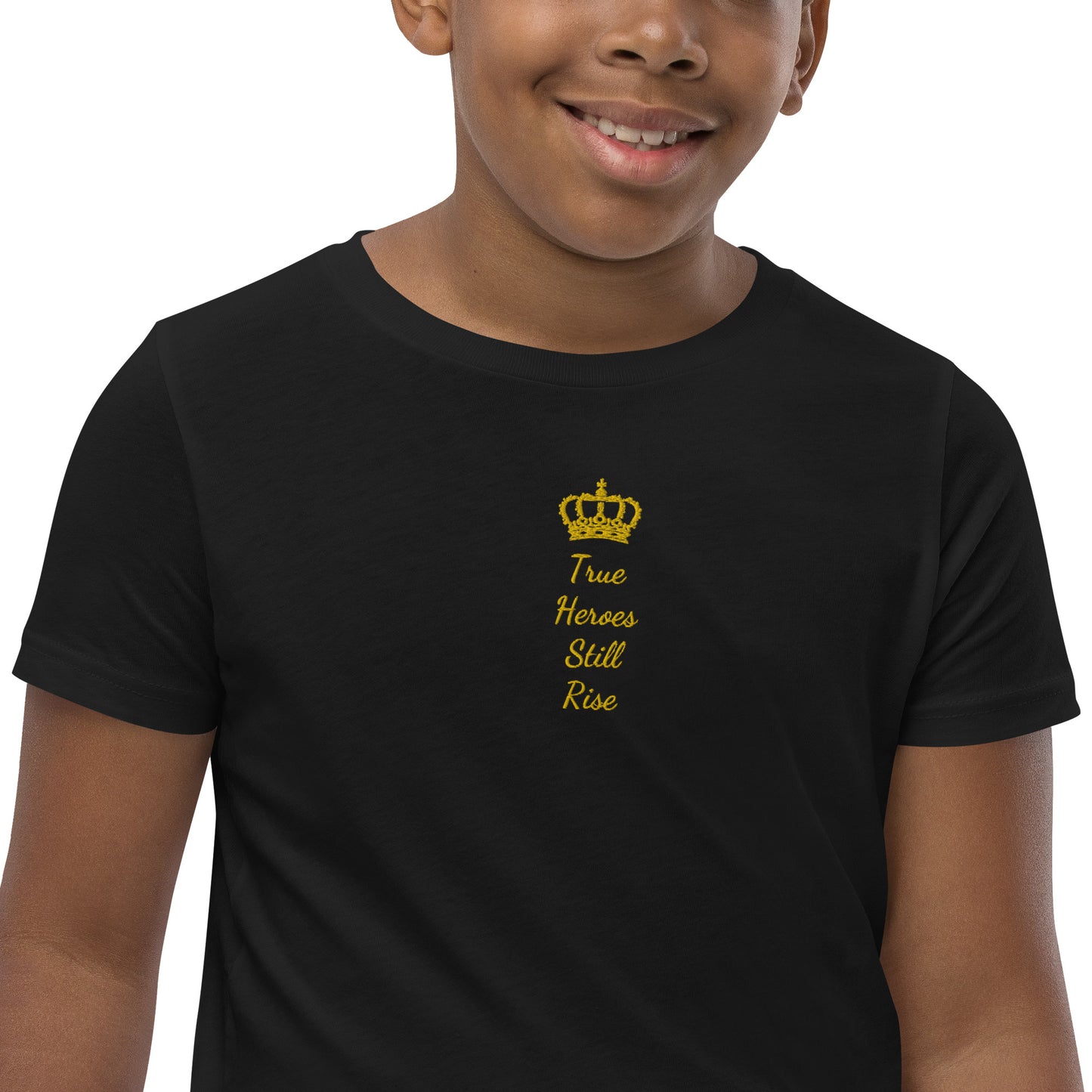 THSR Youth T-Shirt with Center-Chest Logo – T-shirt Featuring Gold "True Heroes Still Rise" under a crown Design for Kids