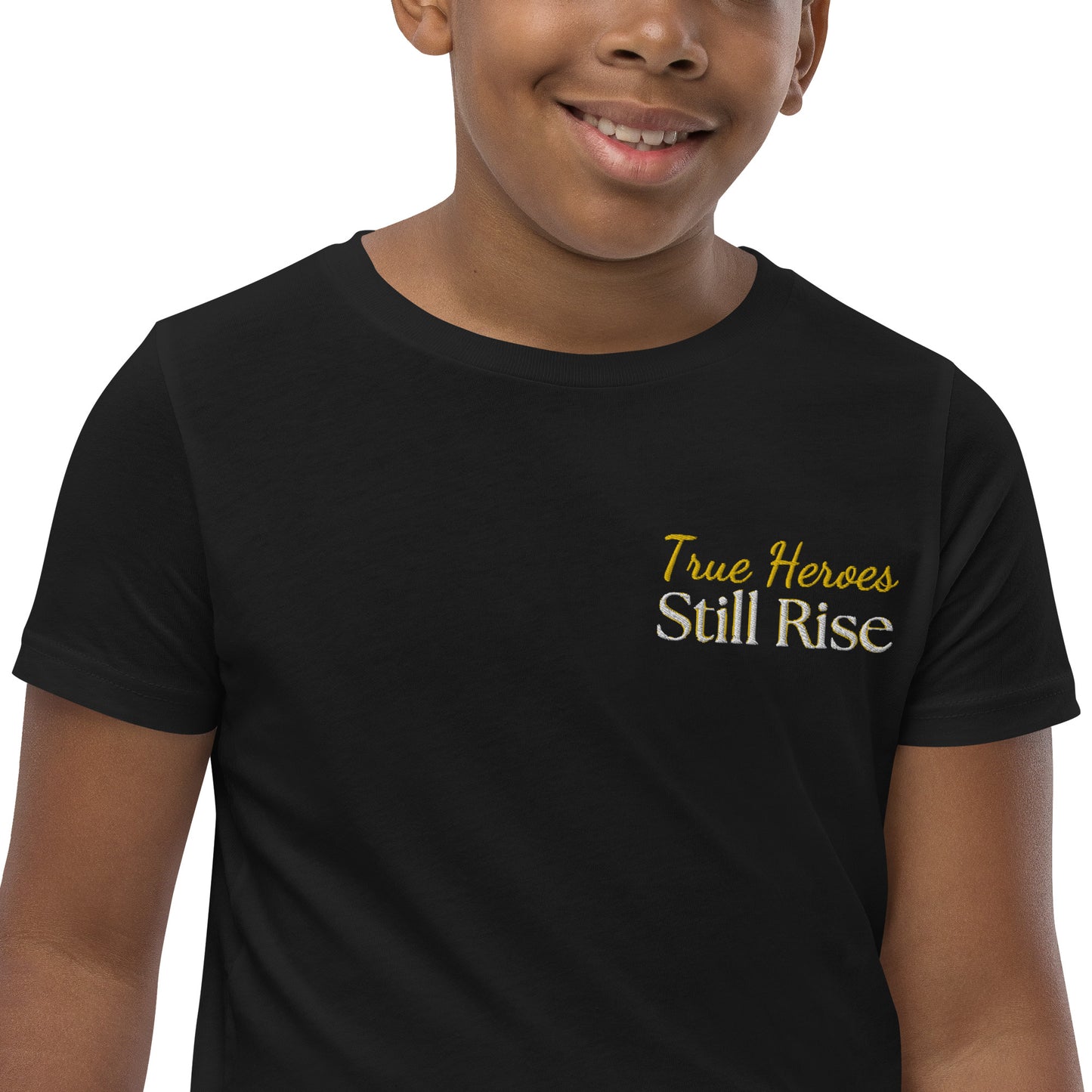 THSR Youth T-Shirt with Left-Chest Logo – Black or White T-shirt Featuring Bold Gold "True Heroes Still Rise" Design for Kids