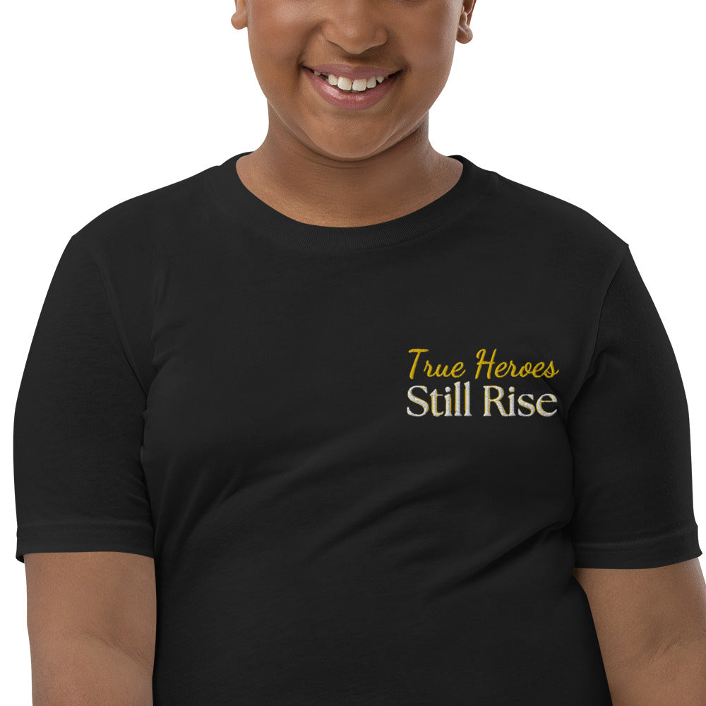 THSR Youth T-Shirt with Left-Chest Logo – Black or White T-shirt Featuring Bold Gold "True Heroes Still Rise" Design for Kids