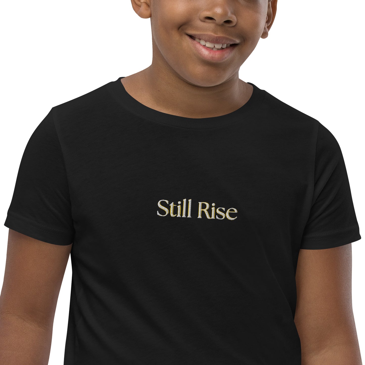 THSR Youth T-Shirt with Center-Chest Logo – Black or White T-shirt Featuring Bold Gold "Still Rise" Design for Kids