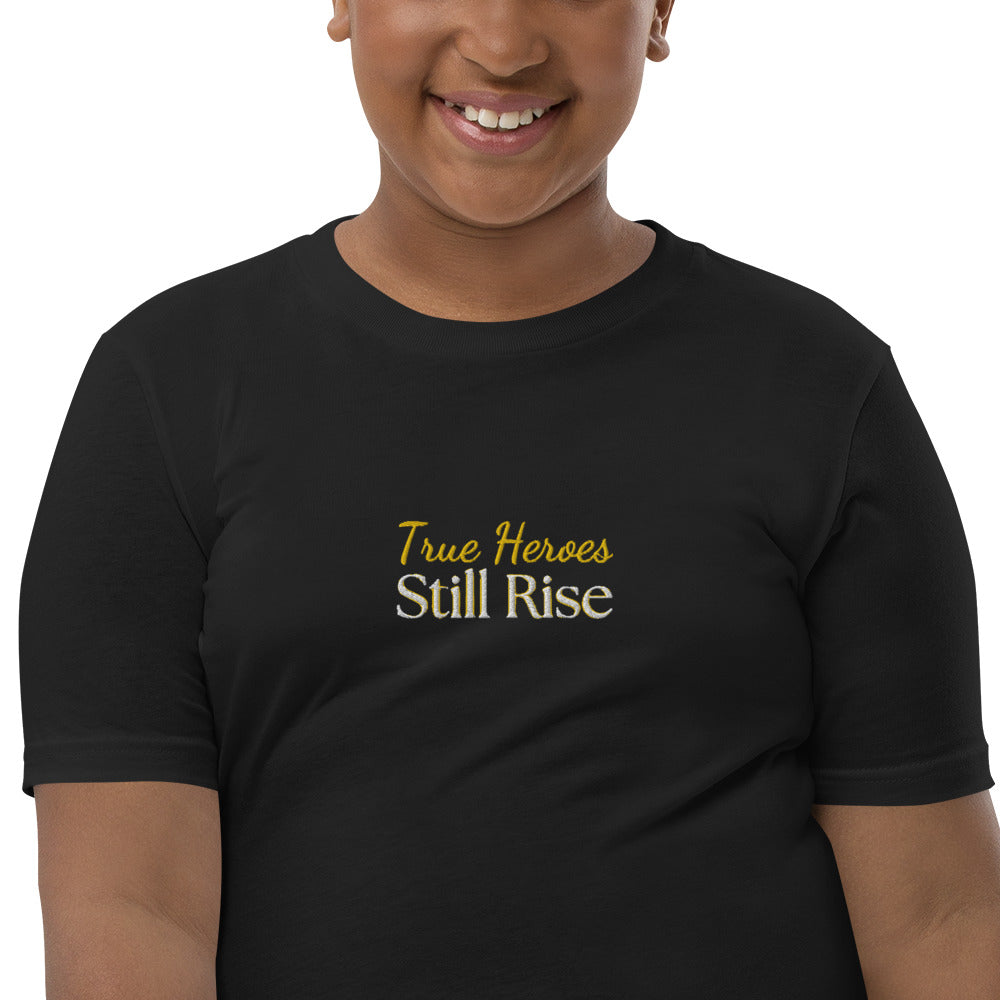 THSR Youth T-Shirt with Center-Chest Logo – Black or White T-shirt Featuring Bold Gold "True Heroes Still Rise" Design for Kids