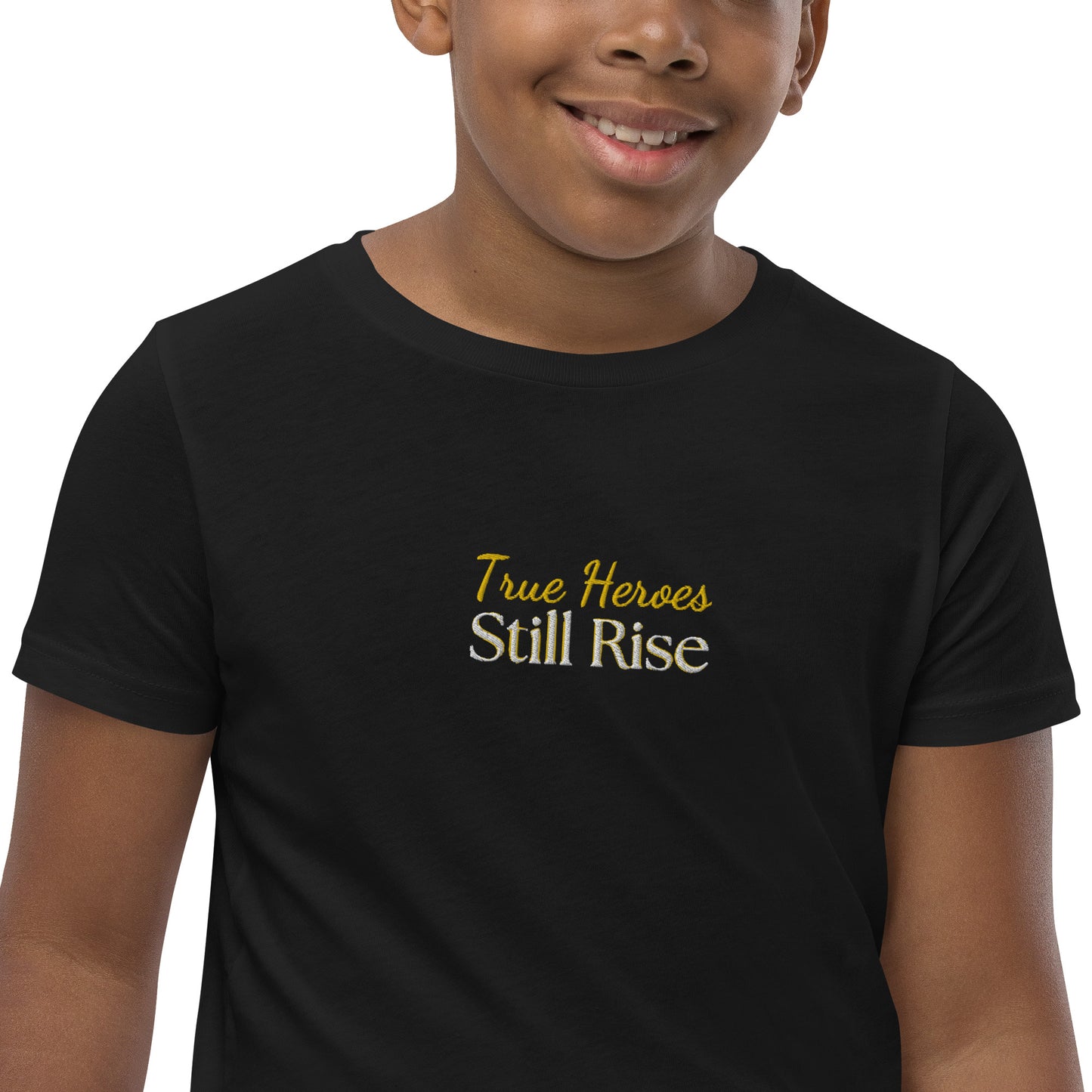 THSR Youth T-Shirt with Center-Chest Logo – Black or White T-shirt Featuring Bold Gold "True Heroes Still Rise" Design for Kids