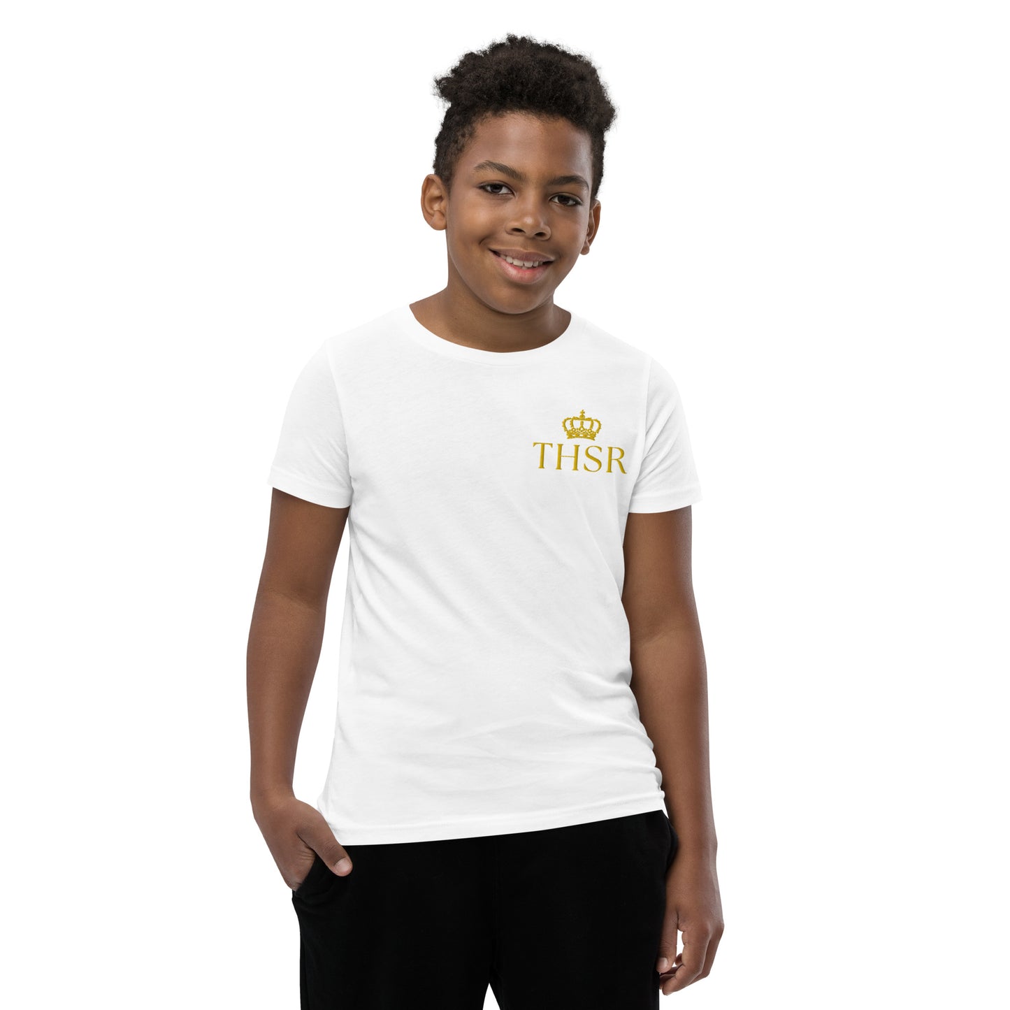 THSR Youth T-Shirt with Left-Chest Logo – T-shirt Featuring Gold "THSR" under a crown Design for Kids