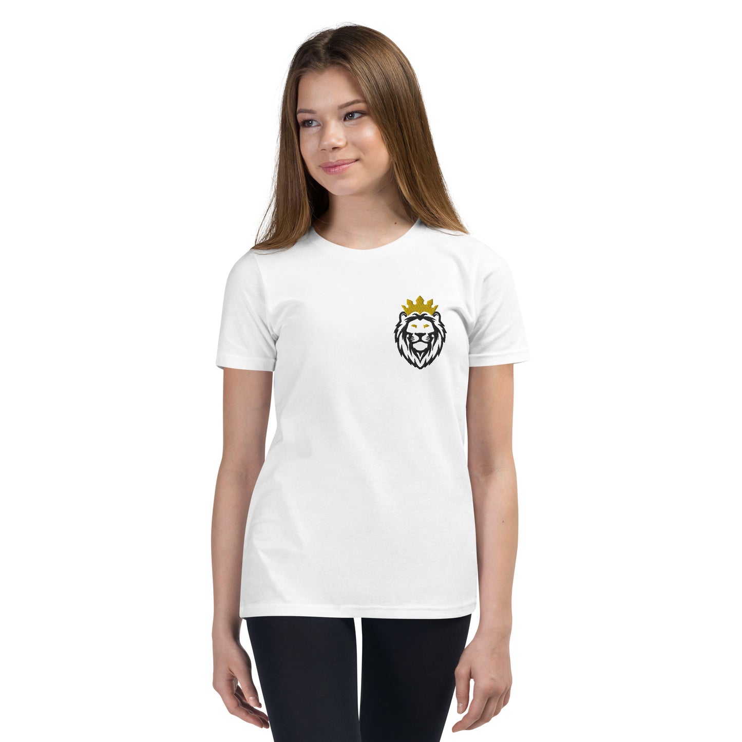 THSR Youth T-Shirt with Left-Chest Logo – White T-shirt Featuring Black & Gold THSR KING Lion wearing a crown Design for Kids