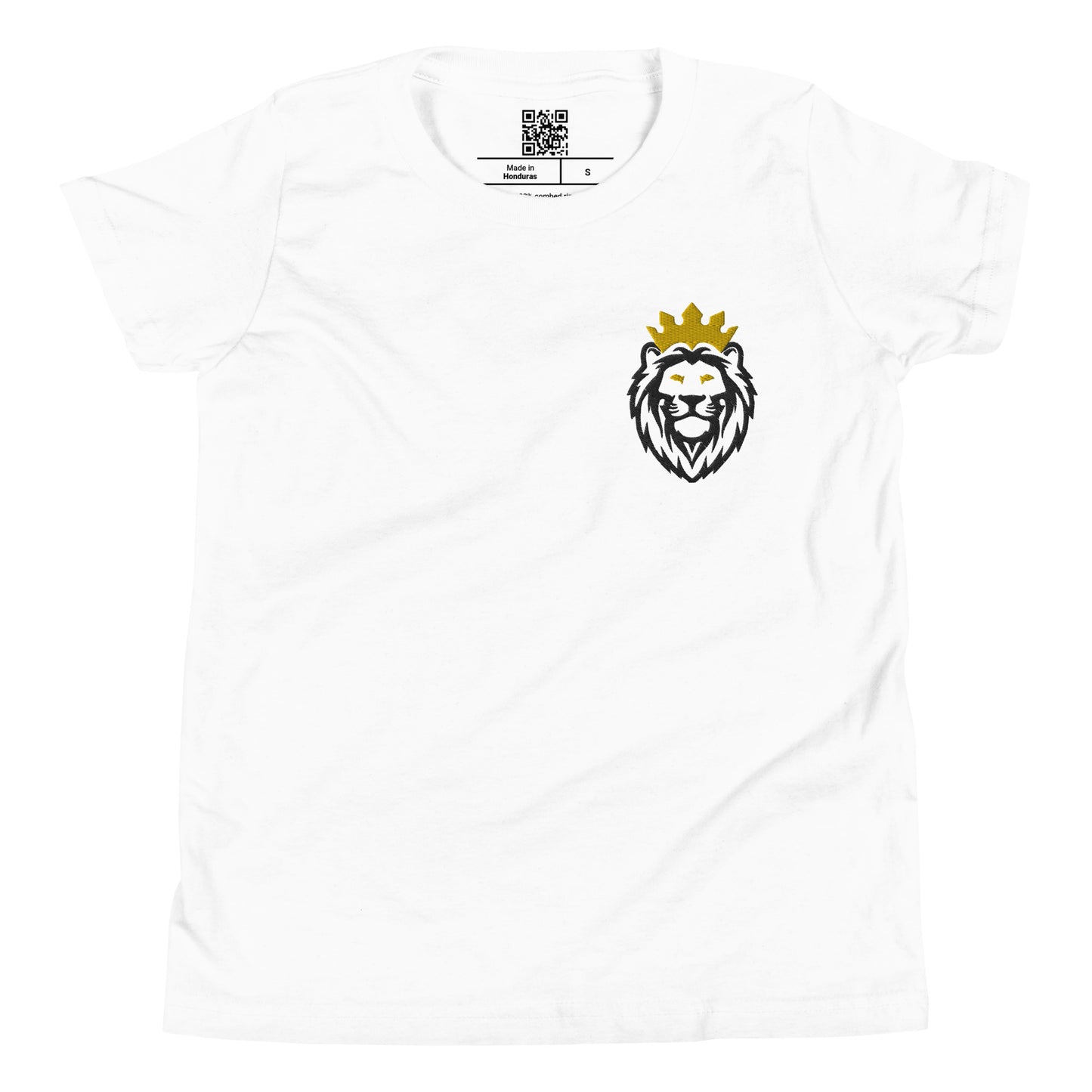 THSR Youth T-Shirt with Left-Chest Logo – White T-shirt Featuring Black & Gold THSR KING Lion wearing a crown Design for Kids