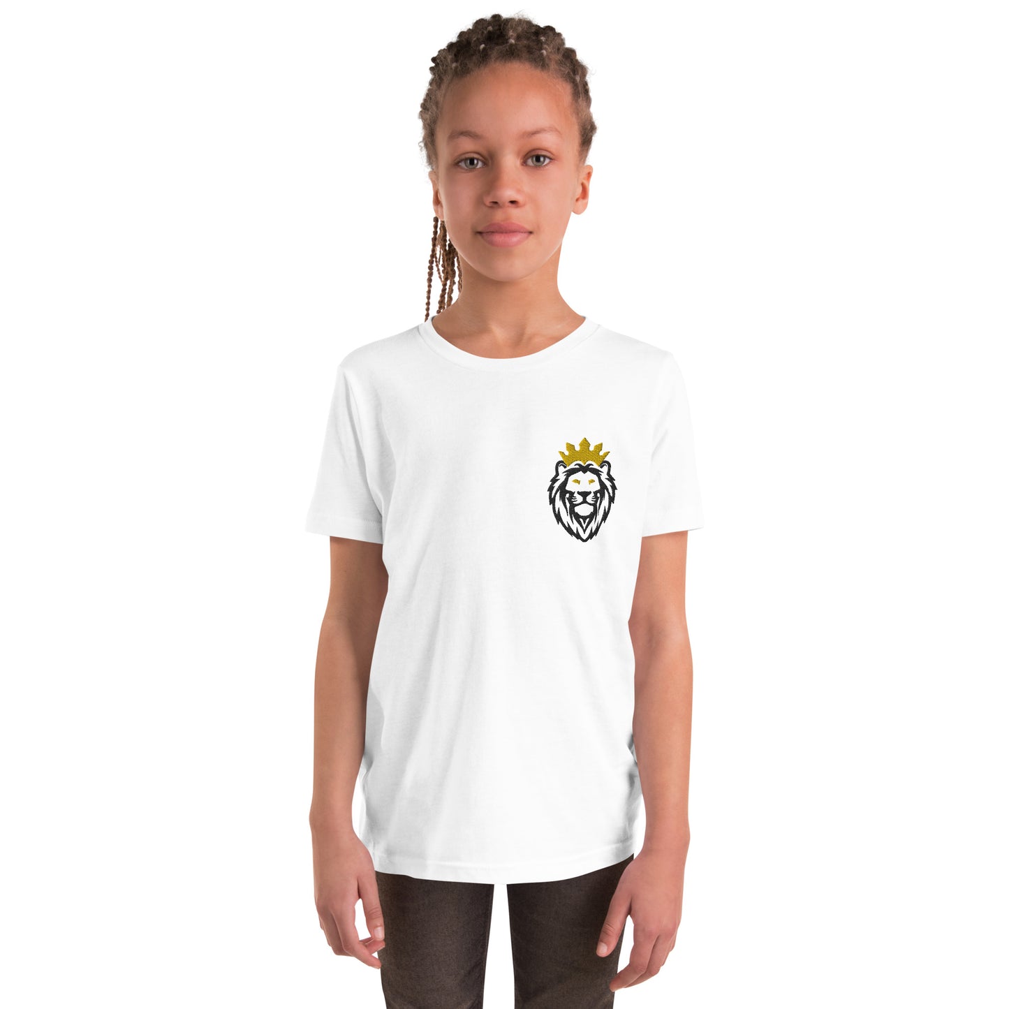 THSR Youth T-Shirt with Left-Chest Logo – White T-shirt Featuring Black & Gold THSR KING Lion wearing a crown Design for Kids