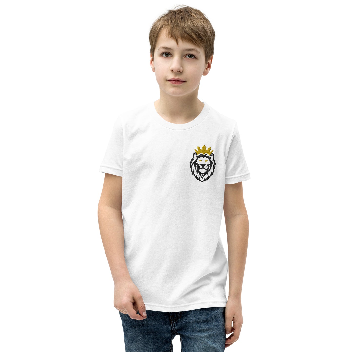 THSR Youth T-Shirt with Left-Chest Logo – White T-shirt Featuring Black & Gold THSR KING Lion wearing a crown Design for Kids