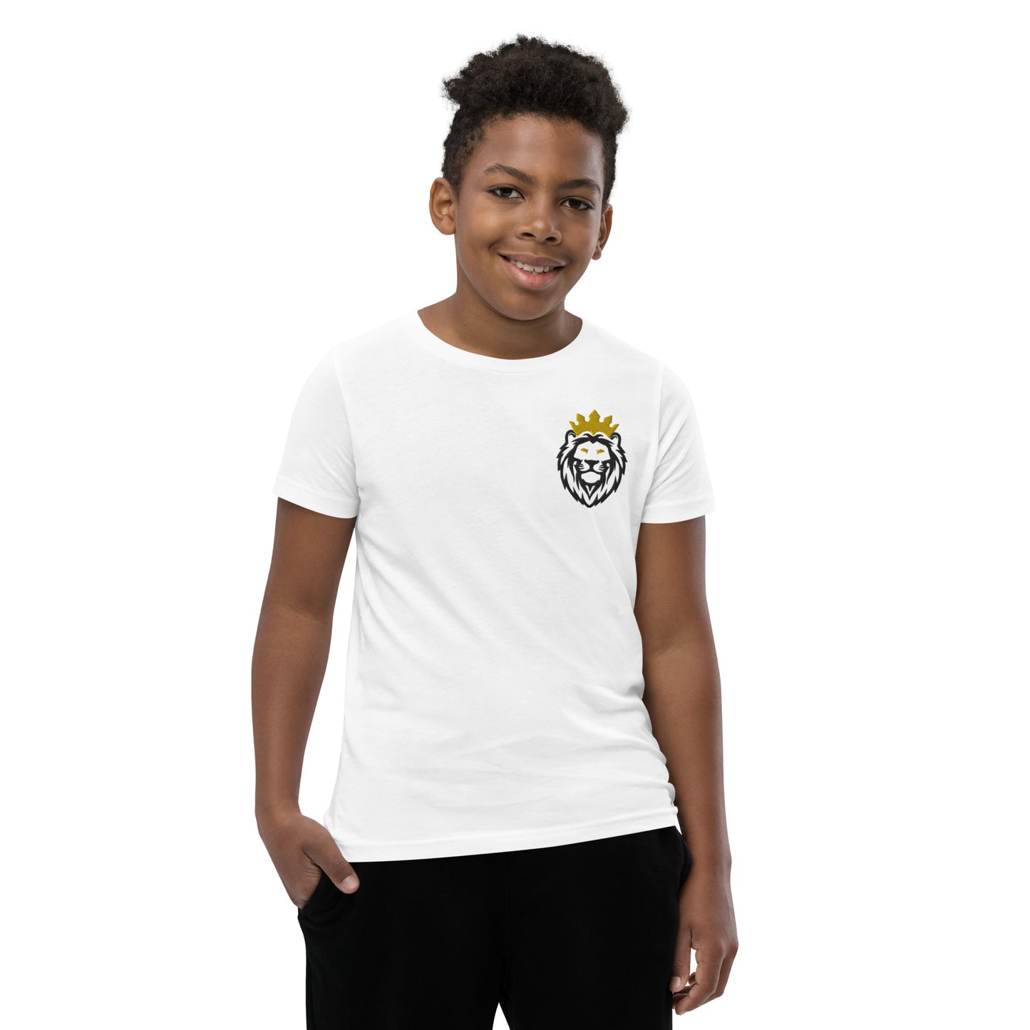 THSR Youth T-Shirt with Left-Chest Logo – White T-shirt Featuring Black & Gold THSR KING Lion wearing a crown Design for Kids