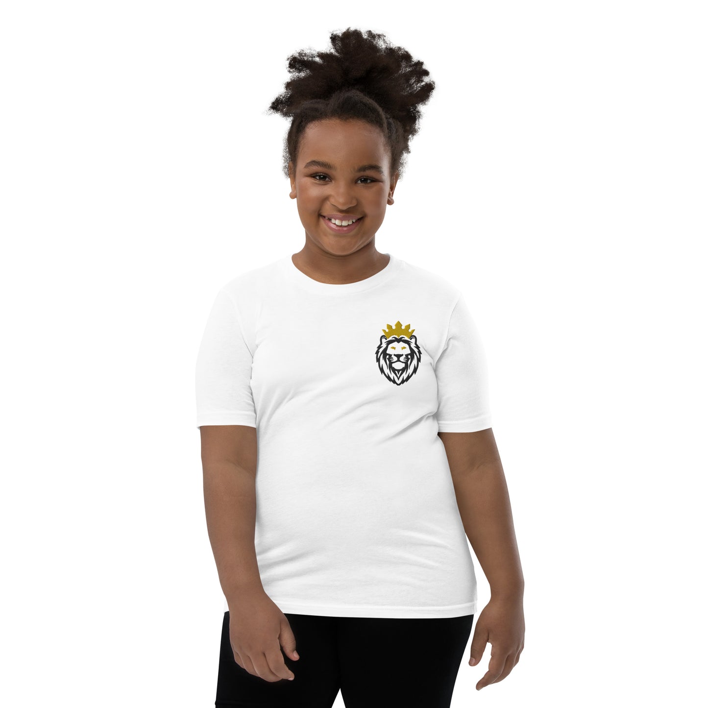 THSR Youth T-Shirt with Left-Chest Logo – White T-shirt Featuring Black & Gold THSR KING Lion wearing a crown Design for Kids