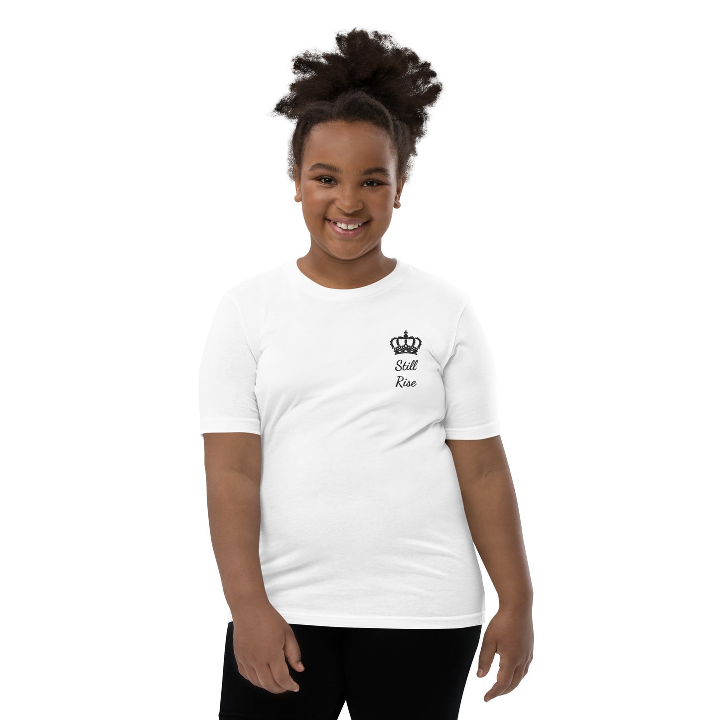 THSR Youth T-Shirt with Left-Chest Logo – White T-shirt Featuring Black "Still Rise" under a crown Design for Kids