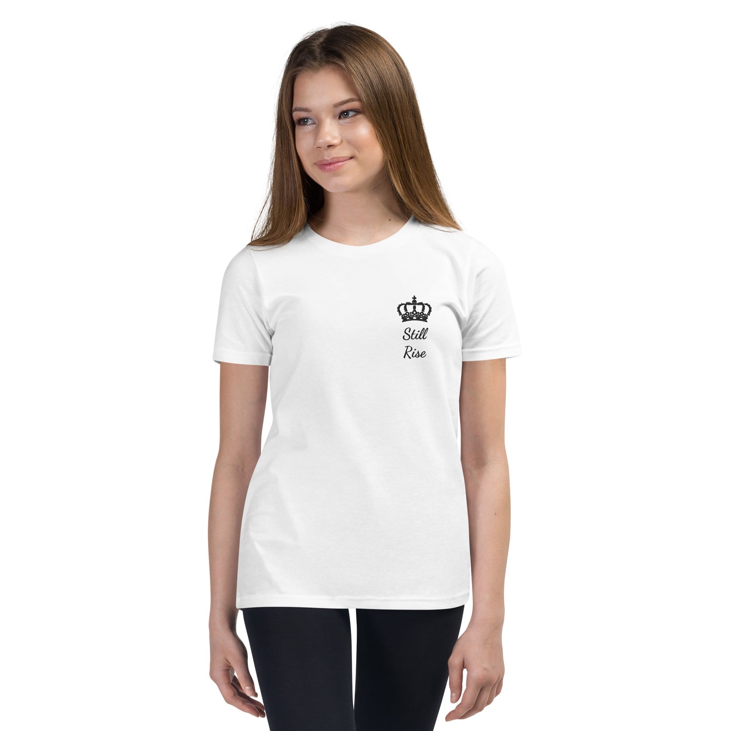 THSR Youth T-Shirt with Left-Chest Logo – White T-shirt Featuring Black "Still Rise" under a crown Design for Kids