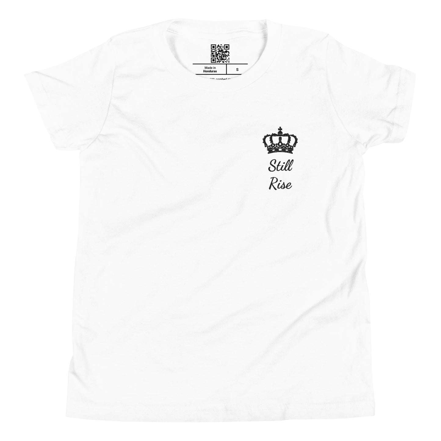 THSR Youth T-Shirt with Left-Chest Logo – White T-shirt Featuring Black "Still Rise" under a crown Design for Kids