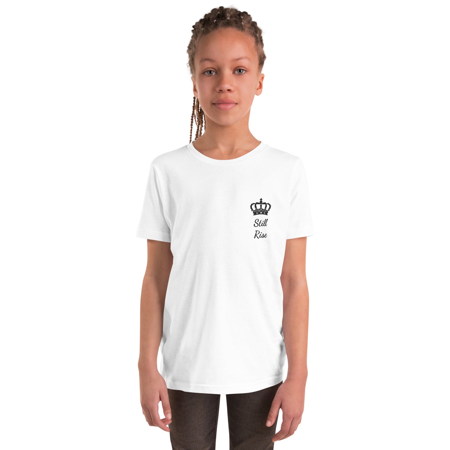 THSR Youth T-Shirt with Left-Chest Logo – White T-shirt Featuring Black "Still Rise" under a crown Design for Kids