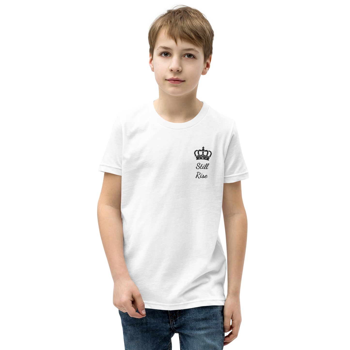 THSR Youth T-Shirt with Left-Chest Logo – White T-shirt Featuring Black "Still Rise" under a crown Design for Kids