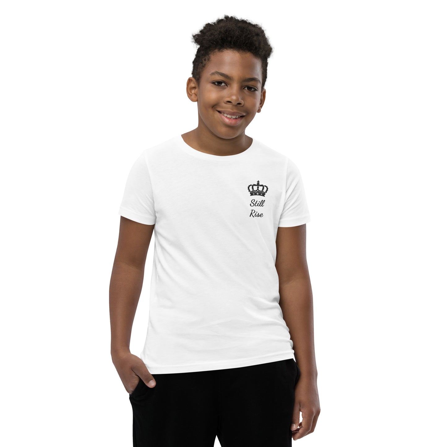 THSR Youth T-Shirt with Left-Chest Logo – White T-shirt Featuring Black "Still Rise" under a crown Design for Kids