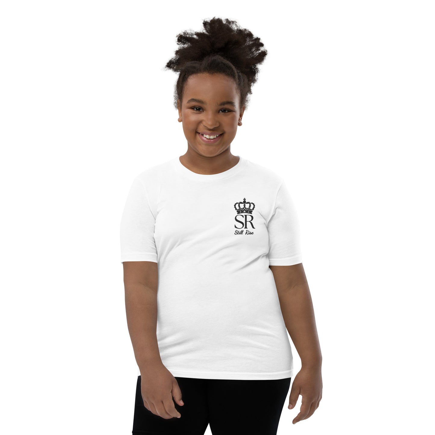 THSR Youth T-Shirt with Left-Chest Logo – White T-shirt Featuring Black THSR "SR" Still Rise under a crown Design for Kids