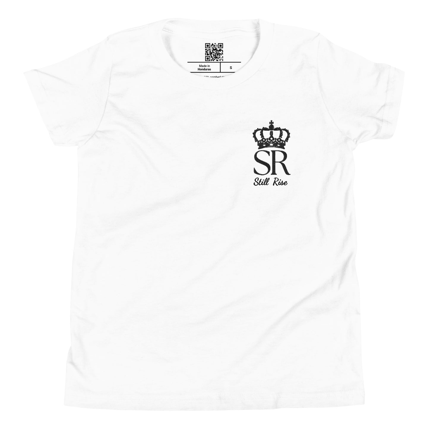 THSR Youth T-Shirt with Left-Chest Logo – White T-shirt Featuring Black THSR "SR" Still Rise under a crown Design for Kids