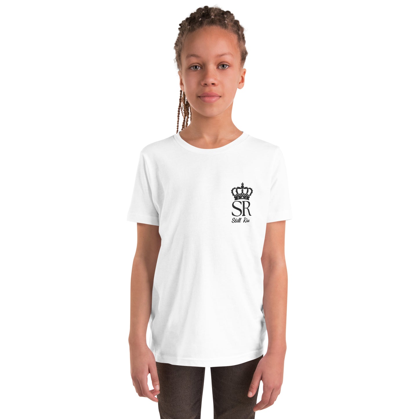 THSR Youth T-Shirt with Left-Chest Logo – White T-shirt Featuring Black THSR "SR" Still Rise under a crown Design for Kids