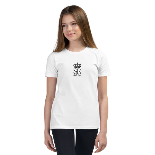 THSR Youth T-Shirt with Center-Chest Logo – White T-shirt Featuring Black THSR "SR" Still Rise under a crown Design for Kids