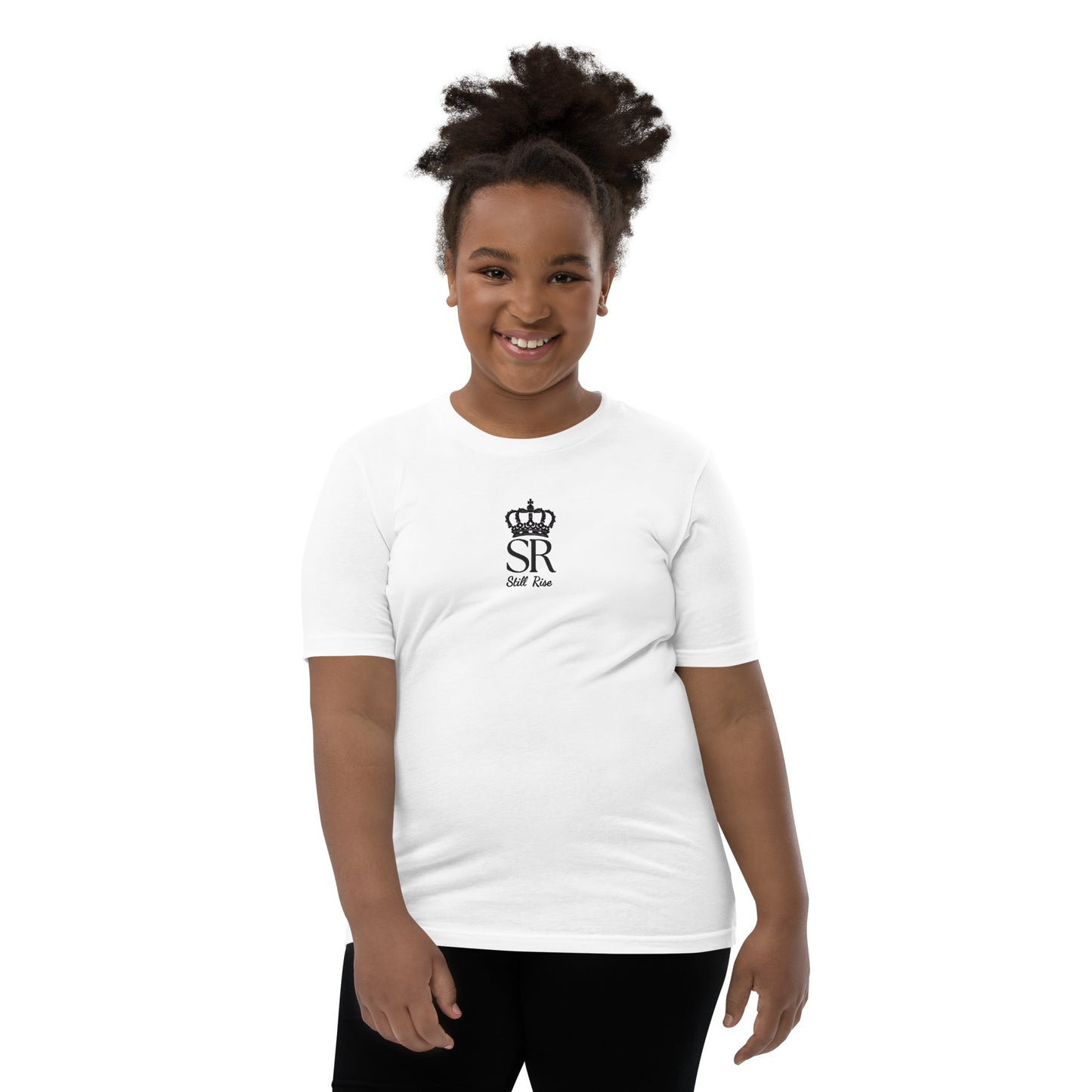 THSR Youth T-Shirt with Center-Chest Logo – White T-shirt Featuring Black THSR "SR" Still Rise under a crown Design for Kids