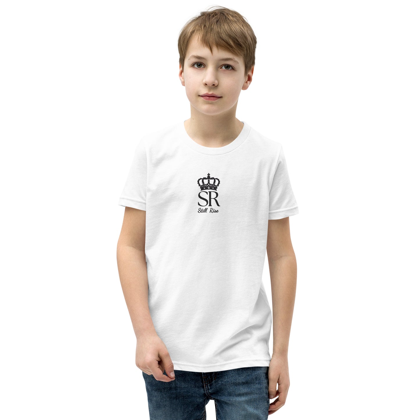 THSR Youth T-Shirt with Center-Chest Logo – White T-shirt Featuring Black THSR "SR" Still Rise under a crown Design for Kids