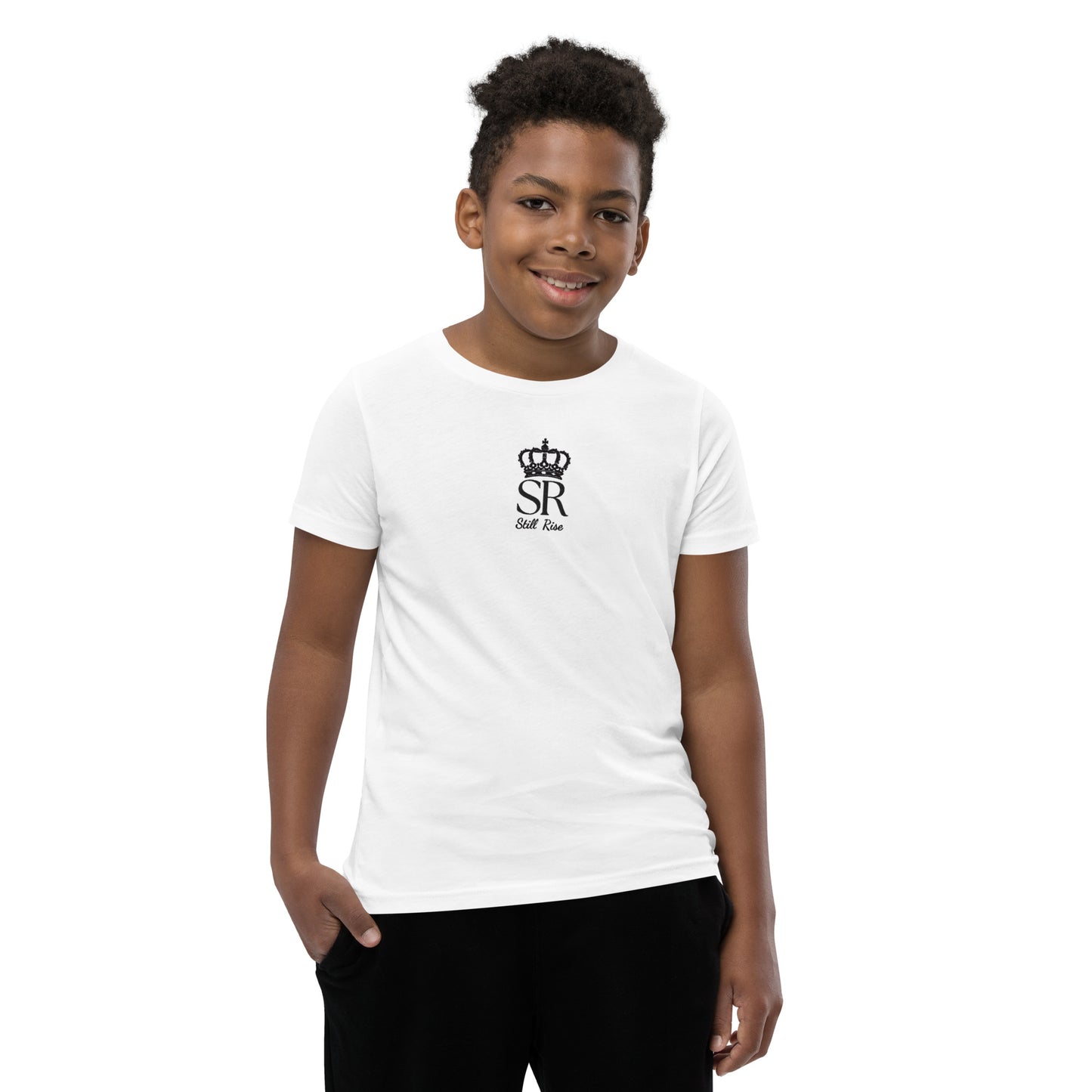 THSR Youth T-Shirt with Center-Chest Logo – White T-shirt Featuring Black THSR "SR" Still Rise under a crown Design for Kids