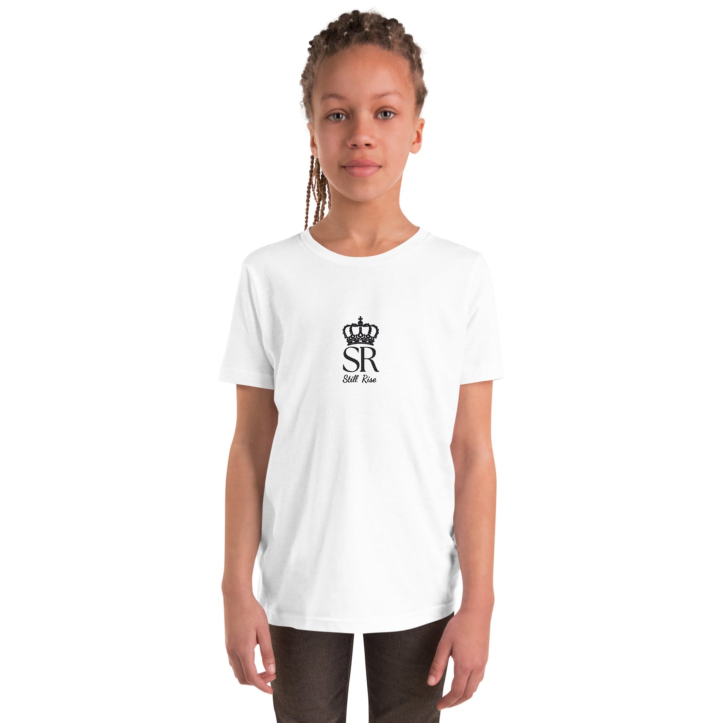 THSR Youth T-Shirt with Center-Chest Logo – White T-shirt Featuring Black THSR "SR" Still Rise under a crown Design for Kids