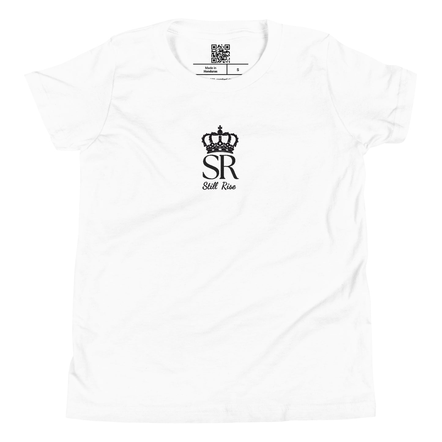 THSR Youth T-Shirt with Center-Chest Logo – White T-shirt Featuring Black THSR "SR" Still Rise under a crown Design for Kids