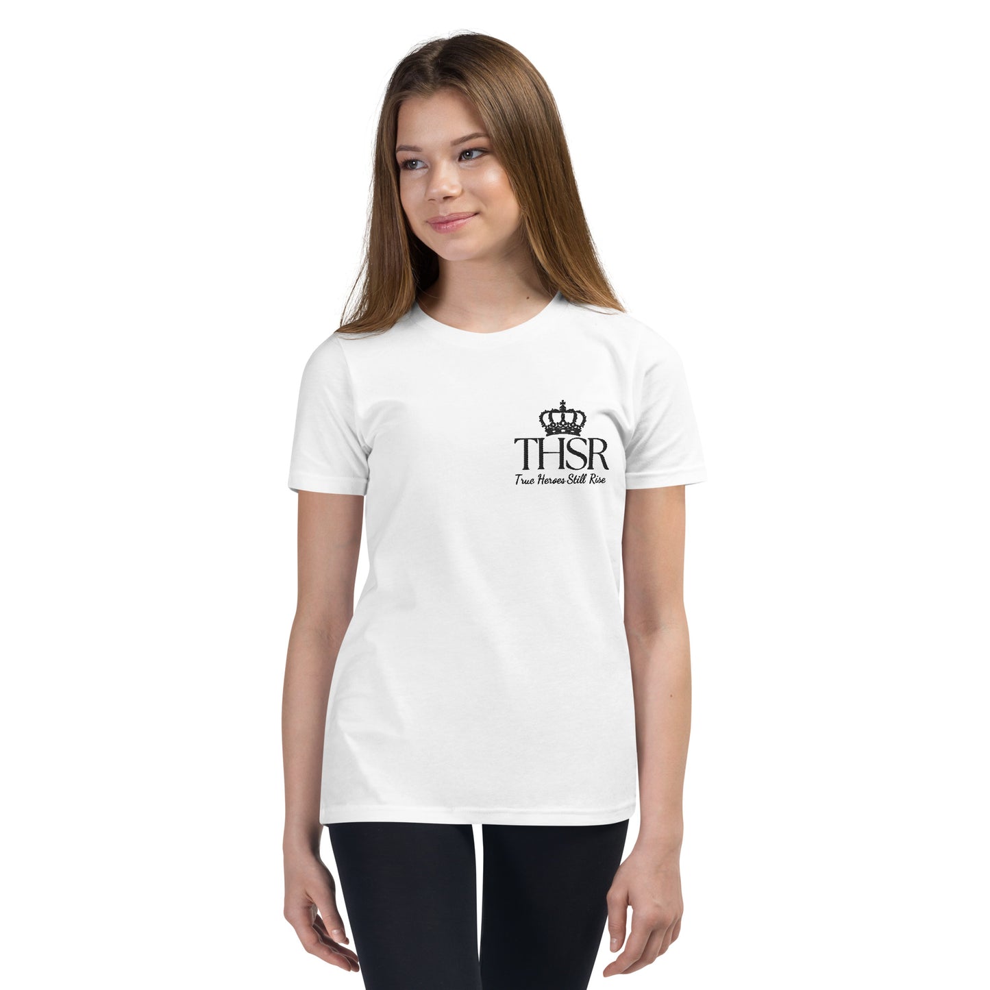 THSR Youth T-Shirt with Left-Chest Logo – White T-shirt Featuring Black "THSR True Heroes Still Rise" under a crown Design for Kids