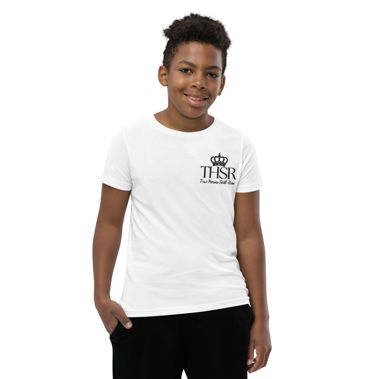 THSR Youth T-Shirt with Left-Chest Logo – White T-shirt Featuring Black "THSR True Heroes Still Rise" under a crown Design for Kids